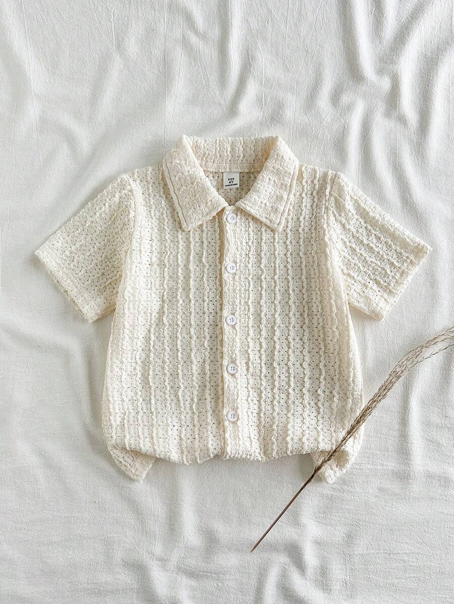 SHEIN Vintaside Kids 男童休闲杏色褶皱提花不对称短袖针织衬衫，夏季 - 杏色 - 查看 1