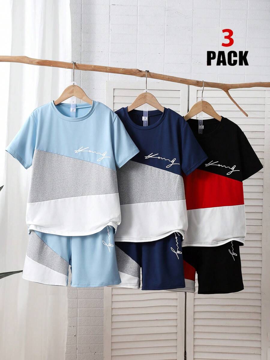 Bộ đồ 3 món cho bé trai tuổi teen: Áo thun ngắn tay và quần short in chữ phối màu, thích hợp mặc đi chơi, đi làm hàng ngày. - Nhiều màu - Xem 1