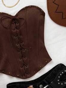 SHEIN Tall CURVE CURVE Plus Size Women's Tall Girls Solid Color Corset Bandeau Top,Brown,Summer,Western 70's,Night Out Club, High-Waisted Elegant Vest For Party - Brown - View 5