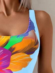 SHEIN Swim 女士连体多色大花卉图案圆领优雅高衩泳衣，夏季 - 藍色 - 查看 4