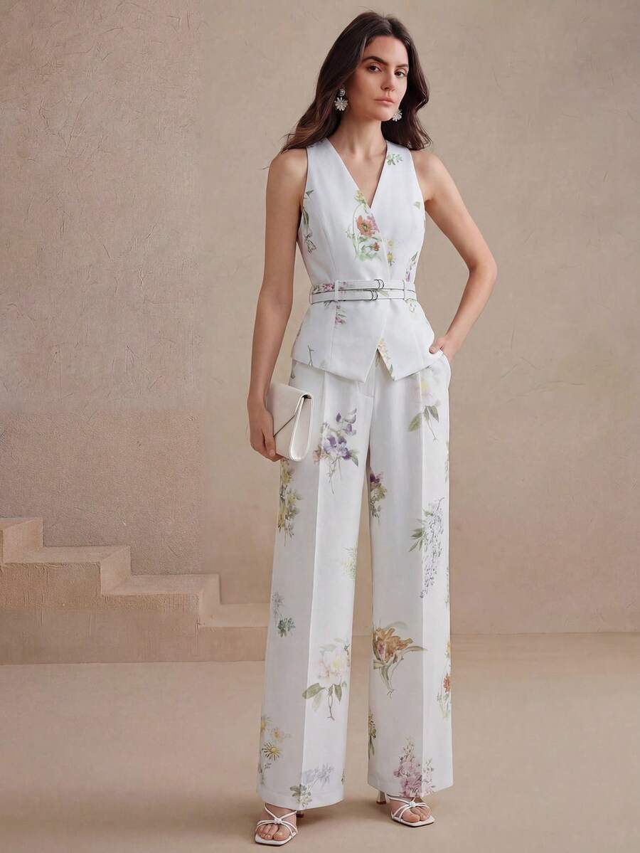 Anewsta Quiet Luxury 女士新款休闲度假及都市通勤百搭不对称印花高腰宽松长裤 - 白色 - 查看 1