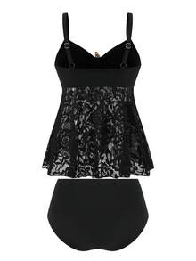 Swim Lushoire Women's Summer Holiday Beach Pool Party Vacation Outfit, Knitted Lace Thick Strap Crop Top Starfish Decor High Waist Triangle Tankini Set Black Sexy - Black - View 3