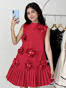 Đầm thanh lịch cho thiếu nữ, cổ tàu, họa tiết hoa, gấu váy xếp ly, dáng chữ A. - Đỏ - Xem 8