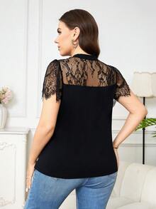 Reflora Áo kiểu nữ cỡ lớn thanh lịch đính cườm và đá quý, phối ren, khoét lỗ, thích hợp cho mùa hè. - màu đen - Xem 3