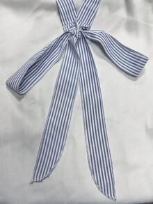 SHEIN Franclia 女士蓝色金属纽扣系带蓝白条纹棉质连衣裙 - 藍白色 - 查看 4