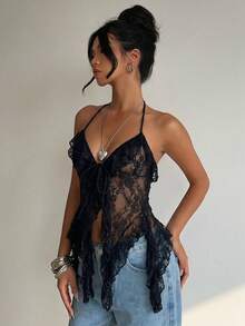 Aloruh 修身蕾丝薄纱长缎带设计不对称下摆女士吊带背心 - 黑色 - 查看 7