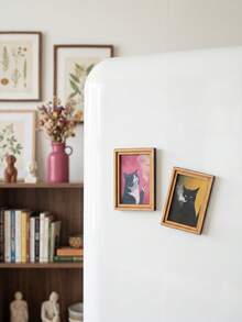 Joivida 1Pc/2Pcs Fun Cat Photo Frame Fridge Magnet, Retro Wooden 3D Printed Magnetic Sticker, Creative Retro Oil Painting Style Fridge Decor Stickers - multicolor - View 9