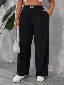 SHEIN PETITE CURVE 大码女式纯色高腰裤，带口袋，适合春季、情人节、毕业典礼、休闲、正式场合、日常生活、通勤、毕业典礼、外出、上学等各种场合，黑色裤子 - 黑色 - 查看 6