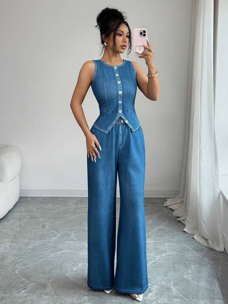 SHEIN Elenzya 夏季新款牛仔印花两件套女装,无袖露脐上衣+高腰阔腿裤,复古休闲通勤套装。适合复古时尚爱好者、上班族、梨形身材。可搭配办公装、休闲外出装、约会装、轻商务装、朋友聚会装等。 - 藍色 - 查看 1