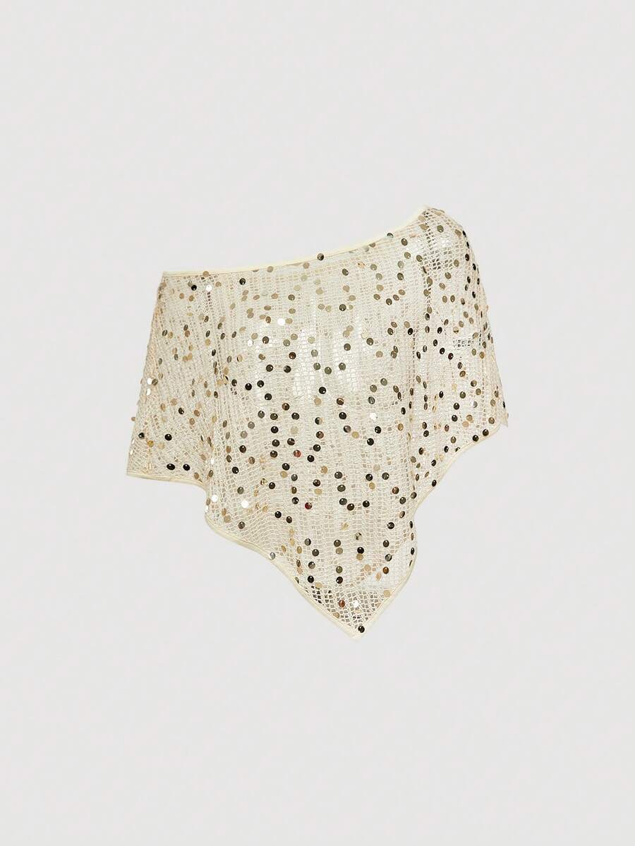 SHEIN MOD Áo khoác ngoài mùa hè dành cho nữ, kiểu dáng rộng rãi, đính sequin, cổ bất đối xứng, thích hợp cho tiệc tùng và nghỉ mát. - Màu be - Xem 1