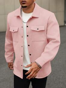 Manfinity Homme Plus Size Men's Solid Color Long Sleeve Wool Shacket - Pink - View 5