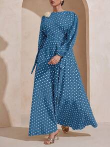 Modelyn 大尺碼收腰波點3D花朵裝飾彈性袖擺裙 - 藍色 - 查看 7
