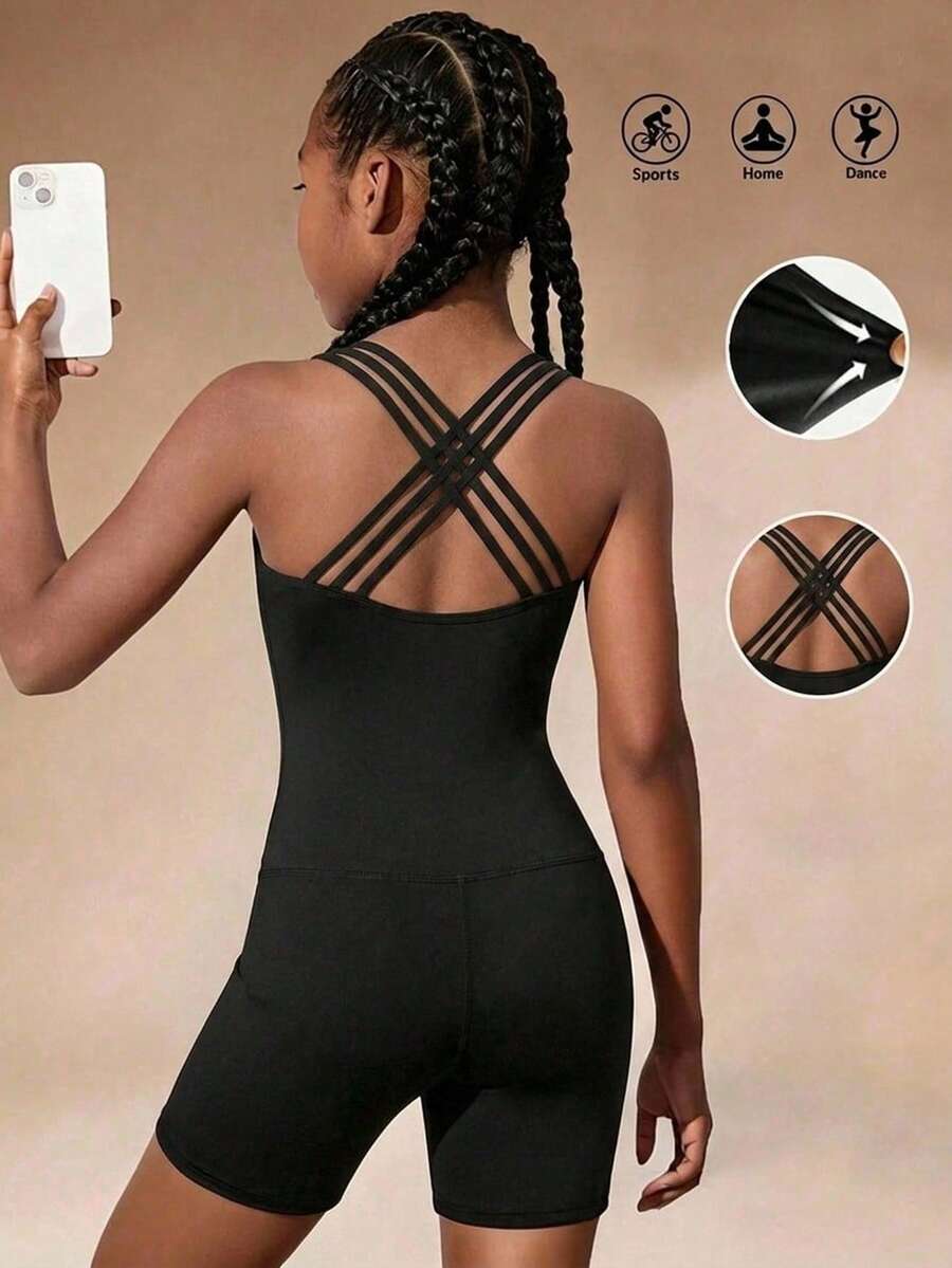 SHEIN Tween Girls' Casual Sleeveless Cutout Back U-Neck One-Piece Sports Jumpsuit, Yoga Outfit For Spring/Summer - Multicolor - View 1