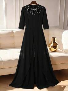 Villa Velisse Plus Size Asymmetrical Hem Cape Embroidered Beaded Short Sleeve Jumpsuit - Black - View 3