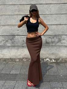 DAZY Rok Wanita Polos Modis Minimalis Pas Badan - Coffee Brown - View 6