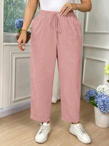 EMERY ROSE Plus Size Women Solid Color Drawstring Waist Pocket Casual Versatile Daily Wear Pants Fall - Baby Pink - View 3