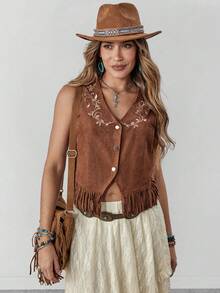 Wildy Damen weiße Blumen Sommer Boho Urlaub Western Country Musik Festival bestickte Quasten ärmellose Weste Hemd, lässige braune Basics, Konzert - Kaffeebraun - Übersicht 6