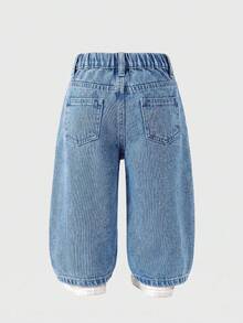 SHEIN Playful Pals Quần jean denim màu xanh nhạt cho bé gái, họa tiết động vật dễ thương, kiểu dáng ống suông rộng rãi, phù hợp cho kỳ nghỉ hè, đi dạo phố, đi học và mặc hàng ngày. - Rửa nhẹ - Xem 2