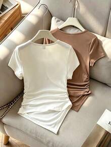 Tween Girls 2-Piece Asymmetric Hem Ruched T-Shirts,Short-Sleeve Tops With Decorative Shoulder Details,Summer Elegant Tea Party,Beige Ivory Black Set - Multicolor - View 2