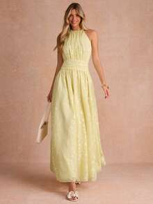 Elegant Halter Backless Slim Dress - Yellow - View 5