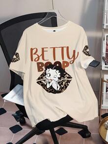Betty Boop x SHEIN 大码字母和卡通人物印花圆领短袖T恤 - 白色 - 查看 3