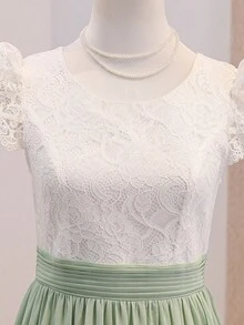Teen Girls Green Formal Dress, White Lace Contrast Mesh Puff Sleeve Elegant Dress, Lightweight Soft Fabric, Suitable For Vacation, Graduation, Back To School, Wedding Season, Various Balls And Formal Occasions - Mint Green - View 8