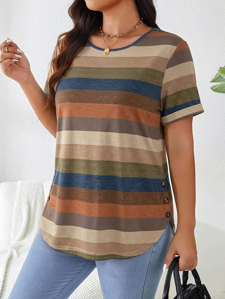 SHEIN LUNE Plus Size Casual Modest Traditional Whimsical Colorblock Striped Short Sleeve T-Shirt Bussines Office Vacation Dusty Blue Summer - Multicolor - View 1