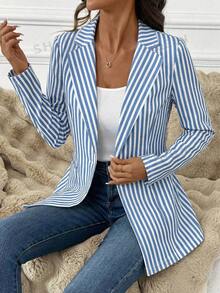 SHEIN Clasi Women's Retro Blue White Stripe Blazer Jacket,Summer Casual Office Navy Style Contrast Color Print Pattern Elegant Chic For Work Commute,Weddings - Multicolor - View 6