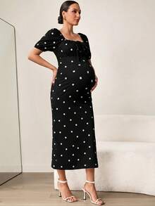 MaterniWear 孕妇波点褶皱优雅派对外出连衣裙 - 黑色 - 查看 7