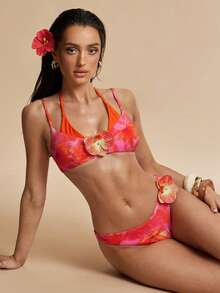 Silquee Conjunto de bikini de baño de mujer para playa de estampado floral y sólido sexy - Multicolor - Ver 1