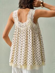 SoleilVie Women's Lace Patchwork Polka Dot Camisole Top, Suitable For Daily Outings In Summer - Apricot - View 2