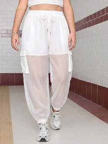 SHEIN EZwear 大码休闲运动裤，带口袋，适合日常穿着，白色 - 白色 - 查看 4
