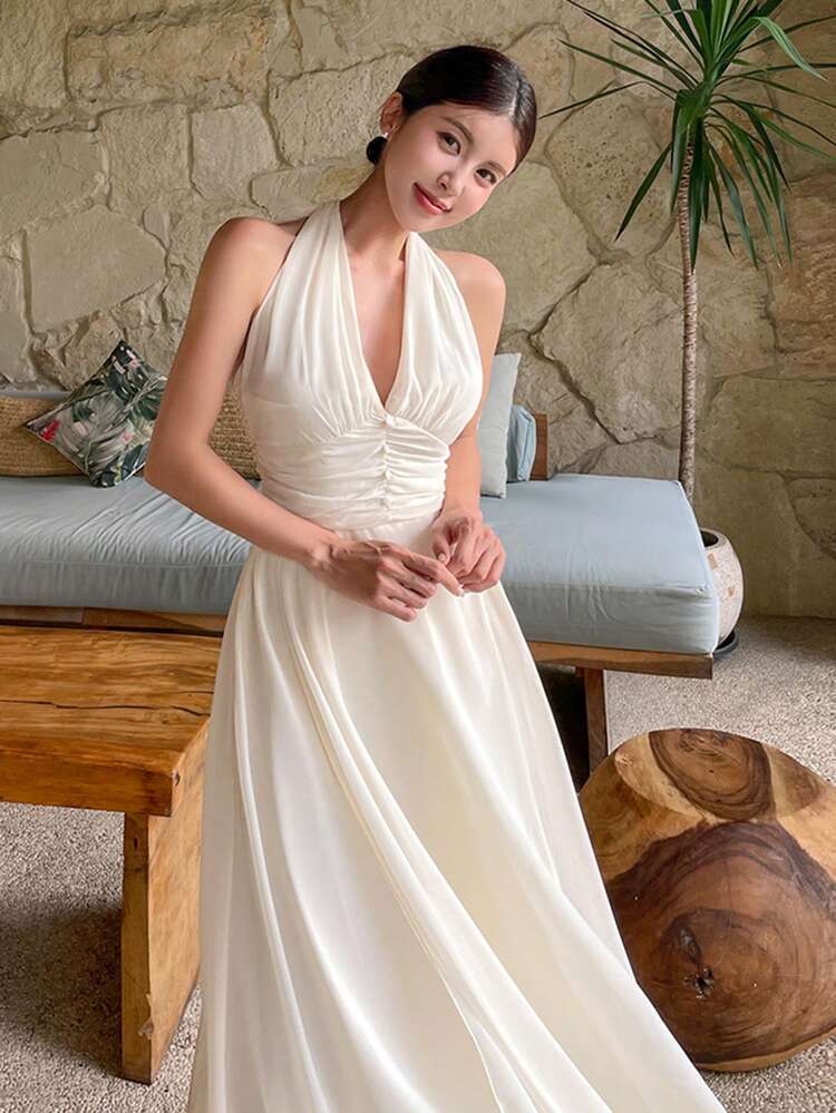 Women's Elegant Solid Color Pleated Halter Backless Mid-Length Dress, Summer