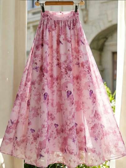 GlowEve Women's Pink & Purple Butterfly Ditsy Floral High Waist A-Line Skirt, Chiffon Watercolor Ink Romantic Floral Skirt, Suitable For Beach, Date, Casual Occasions, Summer