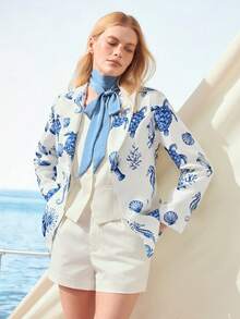 Zovinel Áo blazer dài tay thanh lịch in hình rùa dành cho nữ - Xanh và trắng - Xem 5