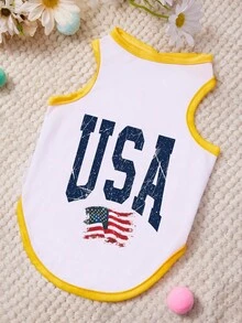 PETSIN 1 chiếc áo tank top cho thú cưng in chữ quốc kỳ Mỹ màu đỏ, xanh dương và trắng, phối màu trắng vàng, mềm mại, thoáng khí, chống rụng lông. - Nhiều màu - Xem 1
