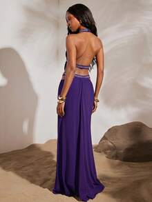 Opulessa Vestido de punto de unicolor con malla calada y espalda descubierta para mujer, adecuado para vacaciones de primavera/verano - Morado - Ver 2