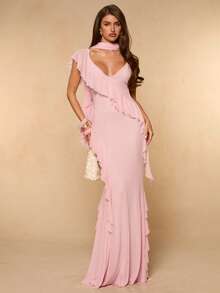 SHEIN BAE Women's Summer Solid Pink Spaghetti Strap Deep V-Neck Ruffle Hem Mermaid Hem Elegant Dress, Suitable For Vacation, Date, Music Festival, Birthday, Brunch, Bridesmaid, Wedding Guest, Backless Dress, Pink Dress - Baby Pink - View 1