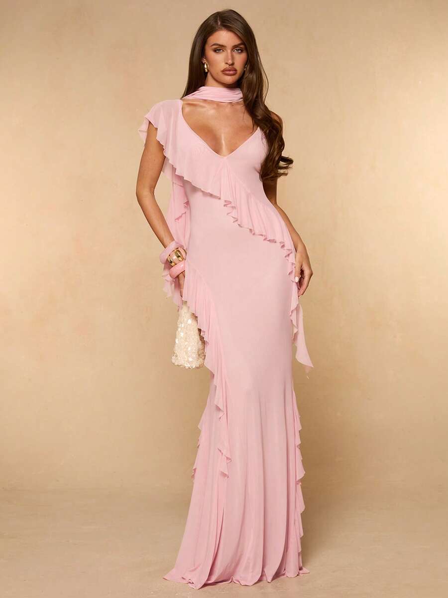 SHEIN BAE Women's Summer Solid Pink Spaghetti Strap Deep V-Neck Ruffle Hem Mermaid Hem Elegant Dress, Suitable For Vacation, Date, Music Festival, Birthday, Brunch, Bridesmaid, Wedding Guest, Backless Dress, Pink Dress - Baby Pink - View 1
