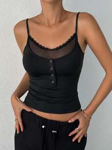DAZY Women's Mesh Patchwork Ruffle Fitted Camisole Top, Versatile For Daily Wear - Black - View 2