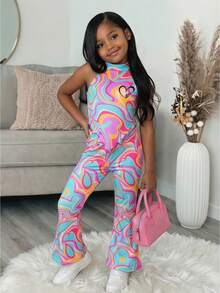 Bộ quần áo trẻ em gái in hình bướm và trái tim nhuộm tie-dye, áo dệt kim hở lưng phối cùng quần ống loe, bộ quần áo trẻ em gái, bộ quần áo trẻ em gái. - Nhiều màu - Xem 1