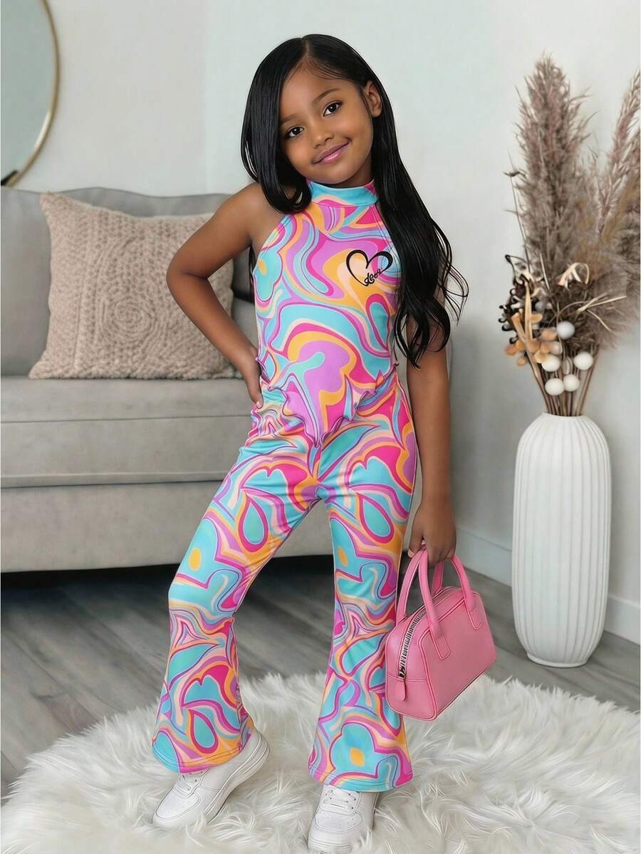 Bộ quần áo trẻ em gái in hình bướm và trái tim nhuộm tie-dye, áo dệt kim hở lưng phối cùng quần ống loe, bộ quần áo trẻ em gái, bộ quần áo trẻ em gái. - Nhiều màu - Xem 1