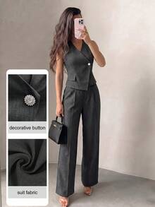 Mulvari Women's Elegant Commuter Elegant Fitted V-Neck Vest And Straight Leg Pants 2 Pieces Set Corporate Office Charcoal Gray Summer - Dark Grey - View 1