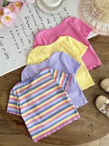 SHEIN 4pcs Baby Girl Casual Solid Color Knit Ruffle Trim Short Sleeve Top Set - Multicolor - View 2