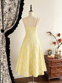 Vintamour Vintage Classic Elegant Women's Dress, Spring/Summer Fitted Jacquard Dress, Pearl Ribbon Dress, Spaghetti Strap Dress, Flared Hem Dress, Milky White,Dresses For Women Summer - Light Yellow - View 3