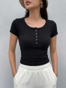 Camiseta casual de manga corta con botones y media cartera de unicolor para mujer - Negro - Ver 2