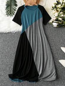 EMERY ROSE Plus Size Women Summer Casual Vacation Daily Commute Colorblock Splice Short Sleeve Dress - Navy Blue - View 3