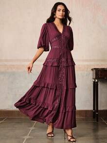 Anewsta Đầm ren đính sequin cổ chữ V màu tím đậm, kiểu dáng nghỉ mát. - Màu tím - Xem 7