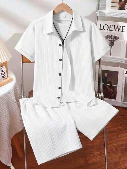 Conjunto casual de 2 piezas para adolescentes: camisa de manga corta de unicolor y pantalones cortos, para verano, vacaciones, viajes