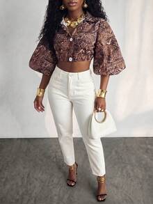 SHEIN Women's All-Over Print Front Button Loose Elegant Blouse - Multicolor - View 4